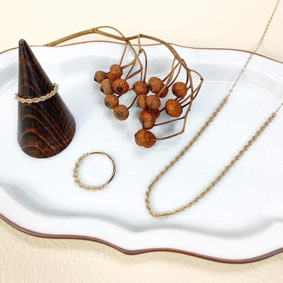 K10 イエローゴールド パイプロープチェーンリング レディース ゴールドジュエリー シンプル レトロチェーン