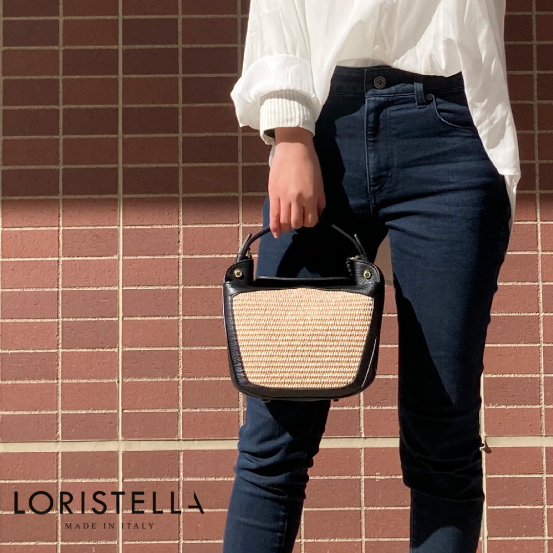 ショルダーバッグ ロリステッラ LORISTELLA 2765PA IRIS 春夏バッグ レザー&ストロー 2way 小ぶり ブラック×ナチュラル イタリアブランド