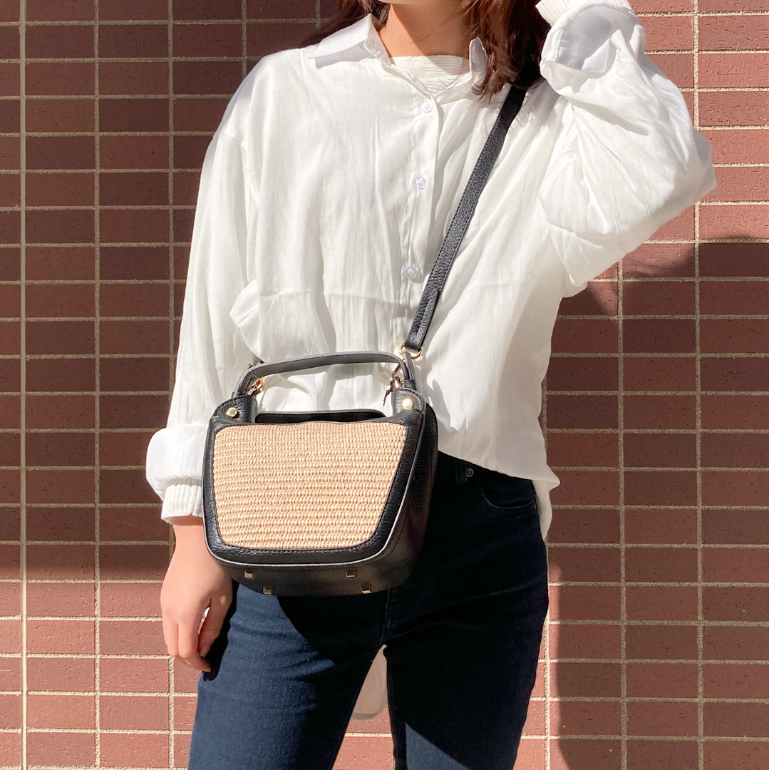 ショルダーバッグ ロリステッラ LORISTELLA 2765PA IRIS 春夏バッグ レザー&ストロー 2way 小ぶり ブラック×ナチュラル イタリアブランド