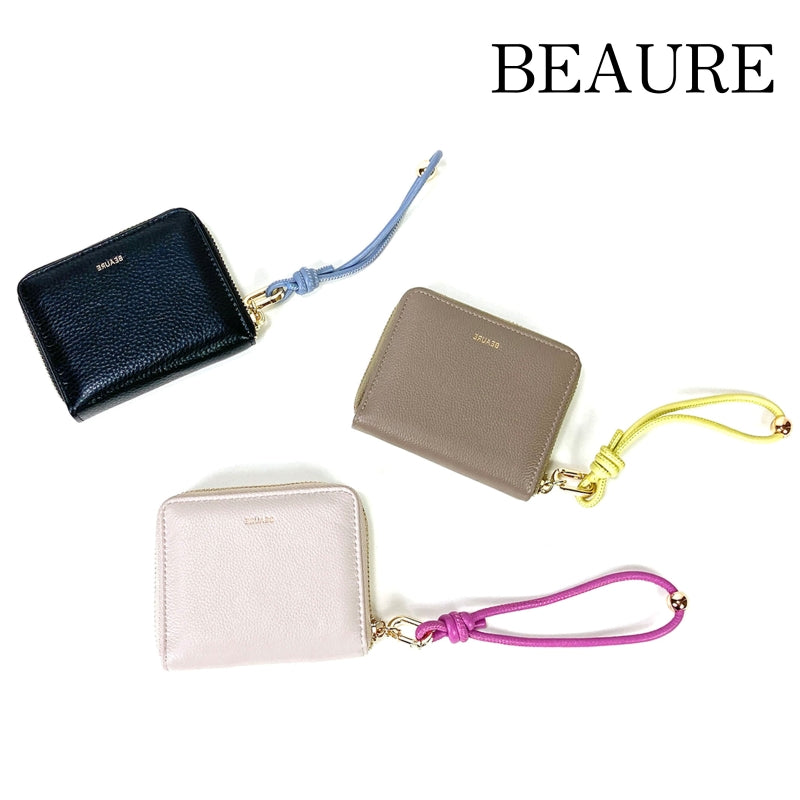 二つ折り財布 Beaure ビュレ B-24096 カウレザー カウレザー ハンドストラップ付きバイカラーラウンドミニウォレット