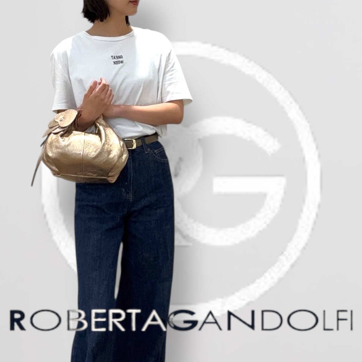レディースバッグ ミニボストン型 レザー×カメリアモチーフ ロベルタガンドルフィ Roberta Gandolfi イタリア製 大人エレガンス & カジュアル 太ショルダーストラップ付