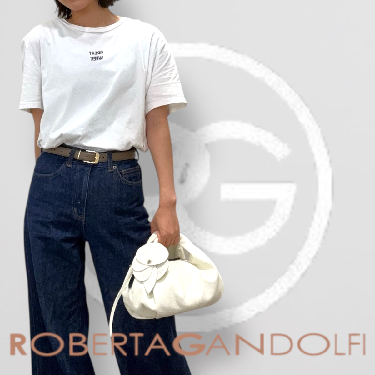 レディースバッグ ミニボストン型 レザー×カメリアモチーフ ロベルタガンドルフィ Roberta Gandolfi イタリア製 大人エレガンス & カジュアル 太ショルダーストラップ付