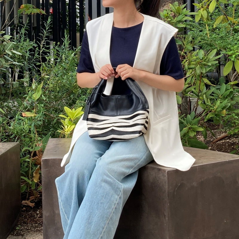 ヘアカーフ & レザー バッグ【正規品 】 Marco Masi マルコマージ ゼブラ柄 ハラコ ショルダーストラップ付き