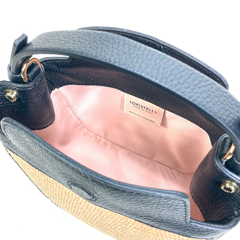 ショルダーバッグ ロリステッラ LORISTELLA 2765PA IRIS 春夏バッグ レザー&ストロー 2way 小ぶり ブラック×ナチュラル イタリアブランド