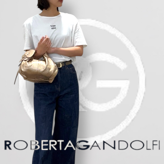 レディースバッグ ミニボストン型 レザー×カメリアモチーフ ロベルタガンドルフィ Roberta Gandolfi イタリア製 大人エレガンス & カジュアル 太ショルダーストラップ付