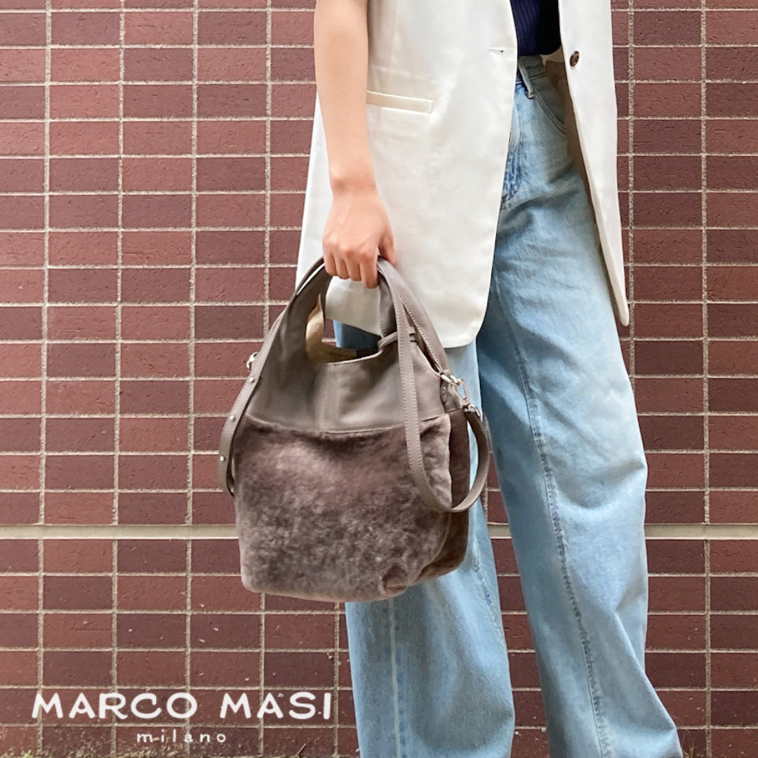 ムートン & レザー バッグ【正規品 】 Marco Masi マルコマージ 秋冬バッグ 3522 トープ ショルダーストラップ付き リアルファー